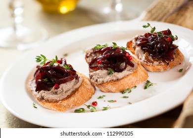 Canapes With Chicken Liver Pate And Onion Chutney