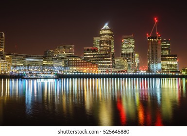 Canary Wharf business district with christmas lights at night