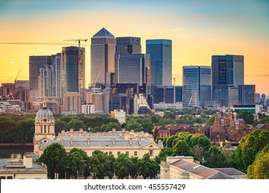 Canary Wharf, financial hub in London during sunset.