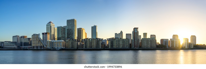 Canary Wharf Panorama At Sunrise In London 