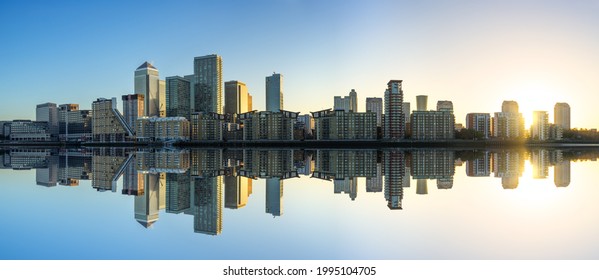 Canary Wharf Panorama At Sunrise In London 