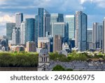 Canary Wharf skyscrapers seen from Greenwich park, London, UK