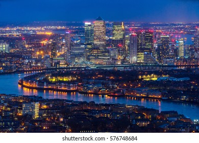 Canary Wharf skyscrapers and Thames river, London, UK