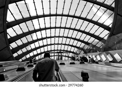 Canary Wharf Station Glass Roof, London, England, UK. Concept for station design, public transportation, travel, going to work, business and tourism.