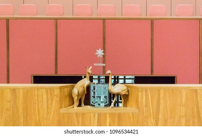 CANBERRA, ACT, AUSTRALIA, 11 APRIL 2018 - Australian Coat Of Arms In The Senate Chamber  In Parliament House, Canberra, ACT, Australia