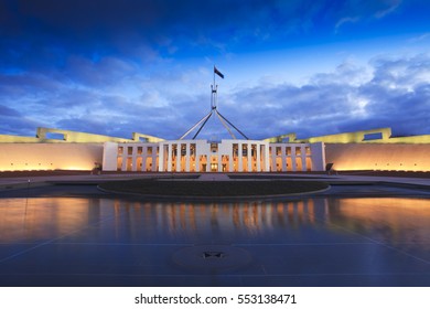 Canberra, Australia: 9 July 2010 - Dramatic evening sky over Parliament House, Canberra, Australia, illuminated at twilight.