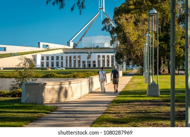 Canberra, Australia - Apr 26, 2018: People Walking Towards The Parliament House