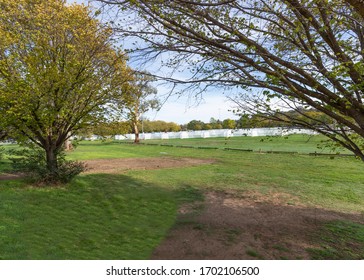 CANBERRA, AUSTRALIA – APRIL, 13 2020: Construction Of Canberra Coronavirus Field Hospital Located On Garran Oval Northeast Of The Canberra Hospital Campus In Preparation Of The 2020 COVID-19 Pandemic