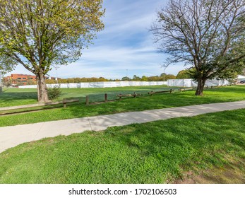 CANBERRA, AUSTRALIA – APRIL, 13 2020: Construction Of Canberra Coronavirus Field Hospital Located On Garran Oval Northeast Of The Canberra Hospital Campus In Preparation Of The 2020 COVID-19 Pandemic