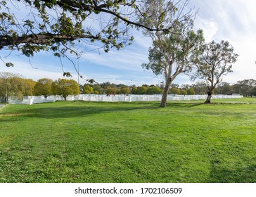 CANBERRA, AUSTRALIA – APRIL, 13 2020: Construction Of Canberra Coronavirus Field Hospital Located On Garran Oval Northeast Of The Canberra Hospital Campus In Preparation Of The 2020 COVID-19 Pandemic