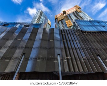 CANBERRA, AUSTRALIA – AUGUST 1, 2020: Looking up at the building complex of the High Society towers in the Belconnen Republic precinct, Canberra, Australia   