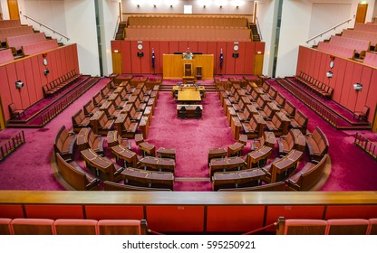 Canberra, Australia - Jan. 25, 2017: Senate Chamber Of The Australian Parliament. The Senate Is One Of The Two Houses Of The Australian Federal Parliament.