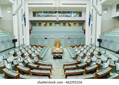 Canberra, Australia - June 28, 2016: View of inside of the House of Representatives chamber of the Parliament House where federal laws are debated and voted by members.