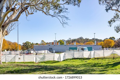 CANBERRA, AUSTRALIA – MAY 10, 2020: Construction Of Canberra Coronavirus Field Hospital Located On Garran Oval Northeast Of The Canberra Hospital Campus In Preparation Of The 2020 COVID-19 Pandemic