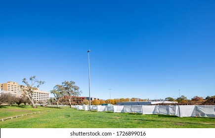 CANBERRA, AUSTRALIA – MAY 10, 2020: Construction Of Canberra Coronavirus Field Hospital Located On Garran Oval Northeast Of The Canberra Hospital Campus In Preparation Of The 2020 COVID-19 Pandemic