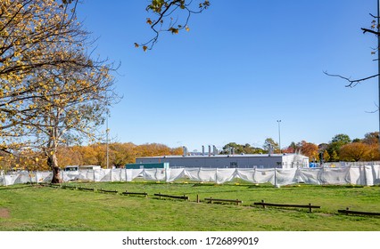 CANBERRA, AUSTRALIA – MAY 10, 2020: Construction Of Canberra Coronavirus Field Hospital Located On Garran Oval Northeast Of The Canberra Hospital Campus In Preparation Of The 2020 COVID-19 Pandemic