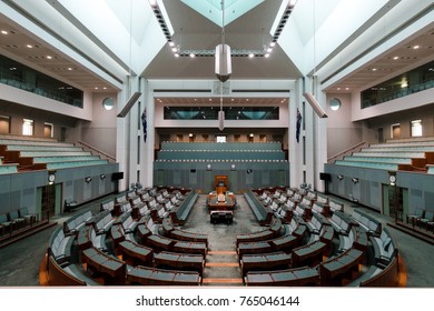 CANBERRA, AUSTRALIA - OCTOBER 14, 2017: A View Inside House Of Representative Chamber In Parliament House.