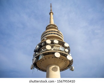 CANBERRA, AUSTRALIA - OCTOBER 9, 2019: Low Angled view of tall Telstra Tower in Canberra 