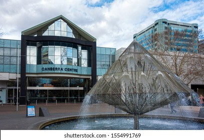Canberra, Australia - Sep 3, 2018: View of the Canberra Times Fountain in the foreground. Entrance to the Canberra Centre in the background.