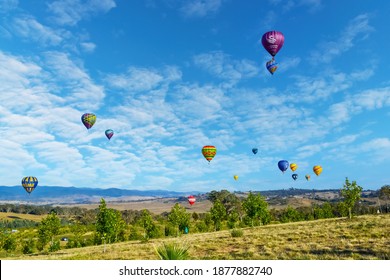 Canberra, Australia-March 2019;  Panoramic view of large number of hot air balloons over the National Arboretum Canberra as part of the Canberra Balloon Spectacular