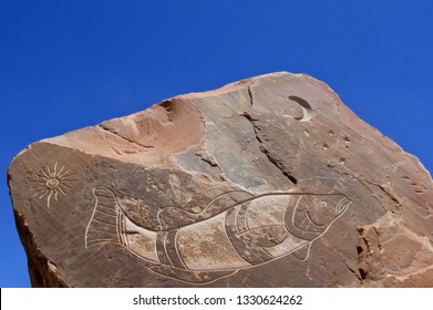 CANBERRA - FEB 22 2019:Barramundi Fish Engraved On  A Rock At The Reconciliation Place Monument To Reconciliation Between Australia's Indigenous People And The New Settlers In Canberra, Australia.