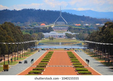 Canberra, NSW / Australia - Jan 3, 2018: View Of Australian Parliament From War Memorial