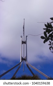 Canberra, NSW / Australia - Jan 3, 2018: Nice View Of Flagpole On Australian Parliament Building