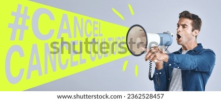 Cancel culture, opinion and megaphone with man and overlay for social media, cyber bullying and toxic message. Free speech, censorship and anger with person on white background for banner and voice
