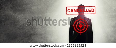 Cancel culture, overlay and target on silhouette of man for bias, political controversy or criticism. Mockup space, banner and cancelled person with bullseye for problem, mistake and error in society