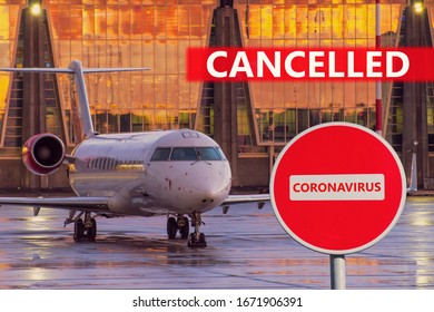 Canceled Flights Due To The Spread Of The Coronavirus, Pandemic Covid 19. Empty Airplane Parked At The Airport