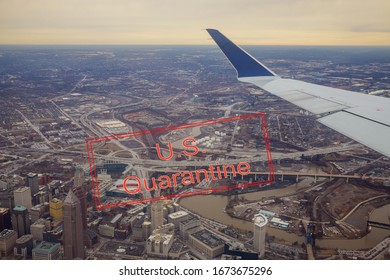 Canceled Travel US Quarantine With Coronavirus COVID-19 Panorama Of Cleveland, Ohio From Above With Passenger Plane Going To Landing In The Airport