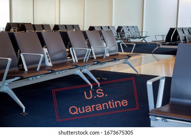 Canceled Travel US Quarantine With Coronavirus COVID-19 Empty Departure Lounge Airport Terminal Waiting Area With Chairs