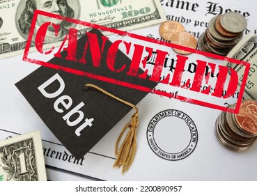 Cancelled stamp over student loan debt graduation cap and money                              