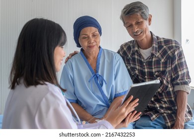 Cancer Patient Woman Wearing Head Scarf After Chemotherapy Consulting And Visiting Doctor In Hospital..	
