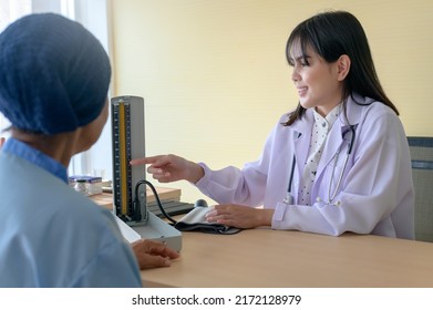 Cancer Patient Woman Wearing Head Scarf After Chemotherapy Consulting And Visiting Doctor In Hospital..	
