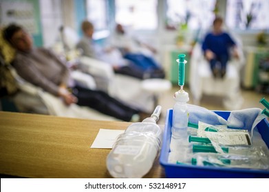 Cancer patients receiving chemotherapy treatment in a hospital's oncology center