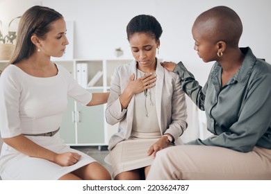 Cancer Support, Drug Addiction Or Women Rehabilitation Group Offer Helping Hand To A Sad Woman. Depression Of A Unhappy Member With Mental Health Issues Getting Anxiety Care And Help From People