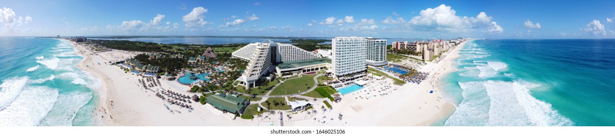 Cancun Beach And Iberostar Selection Cancun Resort, Seadust Cancun Family Resort Panorama Aerial View, Cancun, Quintana Roo QR, Mexico.