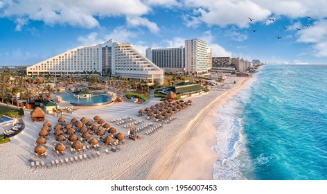 Cancun beach with resorts near blue ocean - Shutterstock ID 1956007453