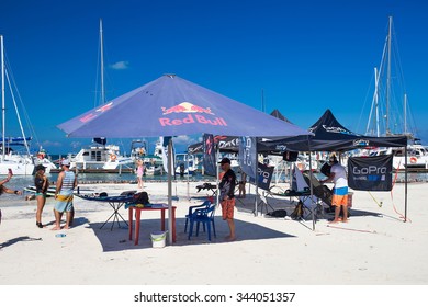 CANCUN, MEXICO - 1 NOVEMBER 2015: Marina Chac-Chi, 1st Carrera Nacional Jet Surf 2015, Red Bull And Go Pro Tents On Beach