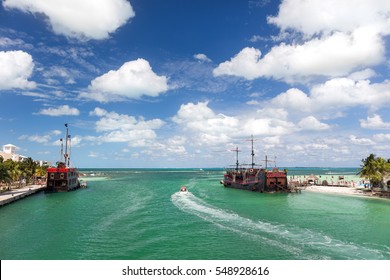 Cancun, Mexico - 12 February 2016: Captain Hook Pirate ship anchored at dock. Famous restaurant and show at Cancun