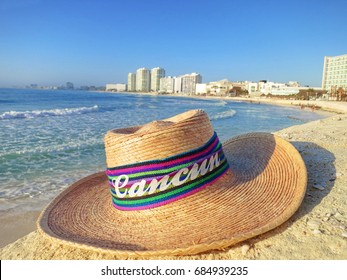 Cancun Mexico Hotel Zone,  Straw Hat On Beautiful Beach