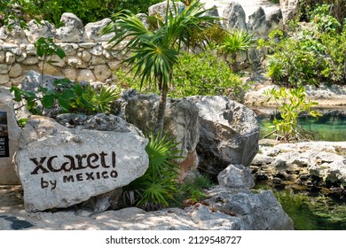 Cancun, Mexico - September 13, 2021: Xcaret Theme Park Sign On Big Stone In Mexico