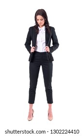 Candid Business Woman Getting Dressed Holding Black Unbuttoned Suit. Full Body Isolated On White Background. 