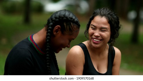 Candid Female Friends Talking Outside, Real Life Laugh And Smile