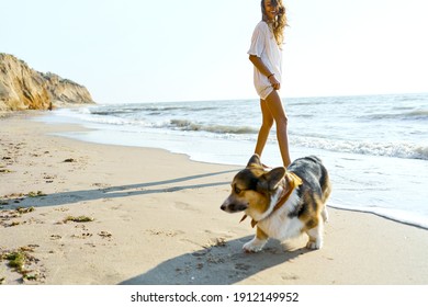 Candid Lifestyle Image Happy Woman With Her Pet Corgi Dog Having Fun Together At Seashore Of Summer Beach In Morning