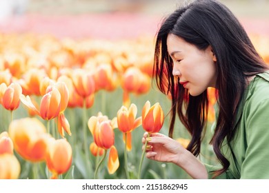 Candid Lifestyle Portrait Of Happy Young Beautiful Asian Sexy Woman Enjoying Life Outdoor In Park At Spring. Smiling Millennial Girl With Perfect Clear Glow Skin And Long Brunette Hair