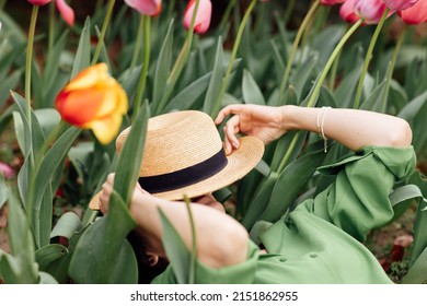 Candid Lifestyle Portrait Of Happy Young Beautiful Asian Sexy Woman Enjoying Life Outdoor In Park At Spring. Smiling Millennial Girl With Perfect Clear Glow Skin And Long Brunette Hair