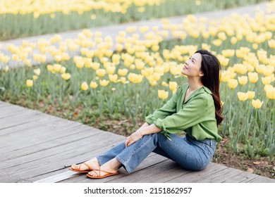 Candid Lifestyle Portrait Of Happy Young Beautiful Asian Sexy Woman Enjoying Life Outdoor In Park At Spring. Smiling Millennial Girl With Perfect Clear Glow Skin And Long Brunette Hair