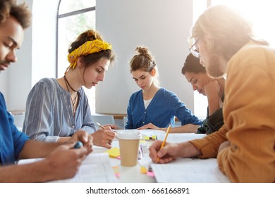 Candid Shot Of College Students Studying Together At Coffee Shop, Preparing For Lessons, Sitting At Table, Reading And Making Notes, Having Serious Concentrated Looks. Film Effect. Flare Sun